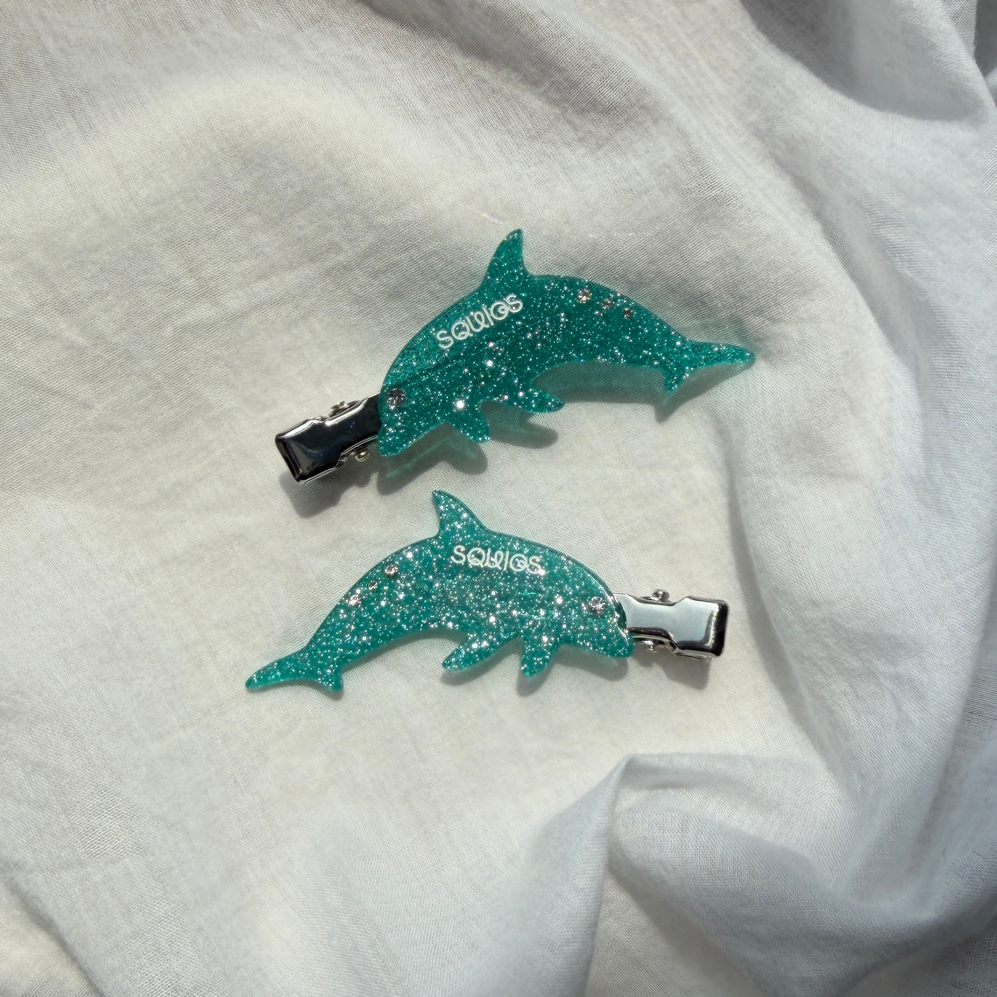 Squigs x Kylie Volkers Dolphin Creaseless Hair Clips in Aquamarine Glitter